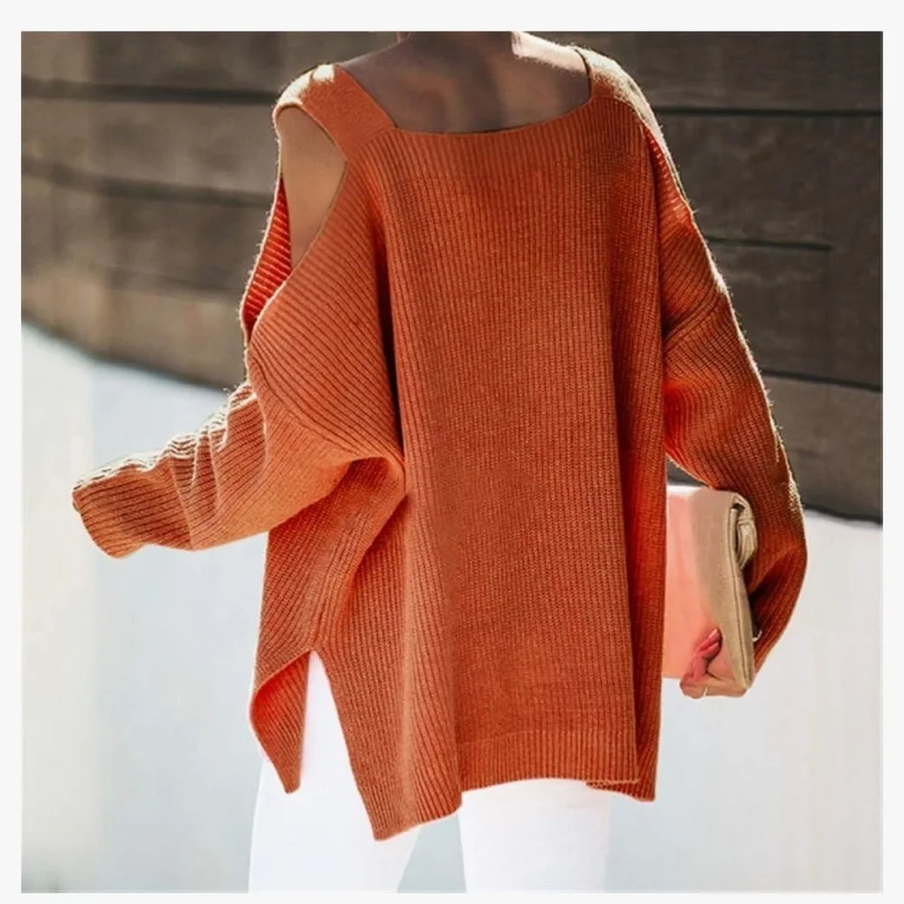 Orange Off-the-Shoulder Chunky Knit Sweater - Picture 3 of 5